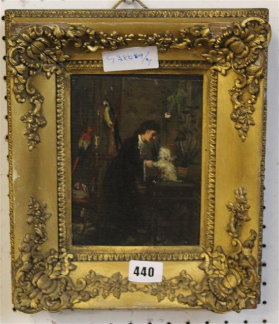 Figurative oil with dog & parrots
